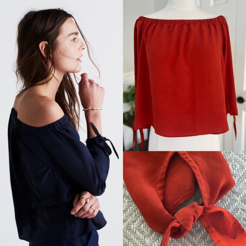 Madewell Off-Shoulder Tie-Sleeve Silk Blouse in Rust
